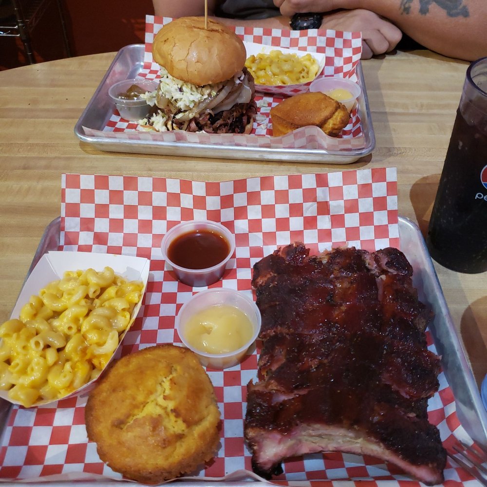Hog Wild Bar-B-Que - Angry Pit Master burger, 1/2 rack baby back ribs, cornbread w/Honey butter,mac n cheese. Cornbread, toasted just right n butter to die for! - Barbeque Near Me - Placerville, California Hog Wild Bar-B-Que - Angry Pit Master burger, 1/2 rack baby back ribs, cornbread w/Honey butter,mac n cheese. Cornbread, toasted just right n butter to die for! - Barbeque Near Me - Placerville, California