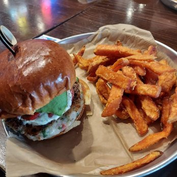 Burger Bar Chicago - Shrimp Burger with sweet potato fries! - Burgers Near Me - Chicago, Illinois Burger Bar Chicago - Shrimp Burger with sweet potato fries! - Burgers Near Me - Chicago, Illinois