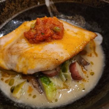 Threadfin Bistro - Kanpachi with a baby brussel sprouts, mini potstoes and leek ragout in an out of this world beure monte - Seafood Near Me - Honolulu, Hawaii