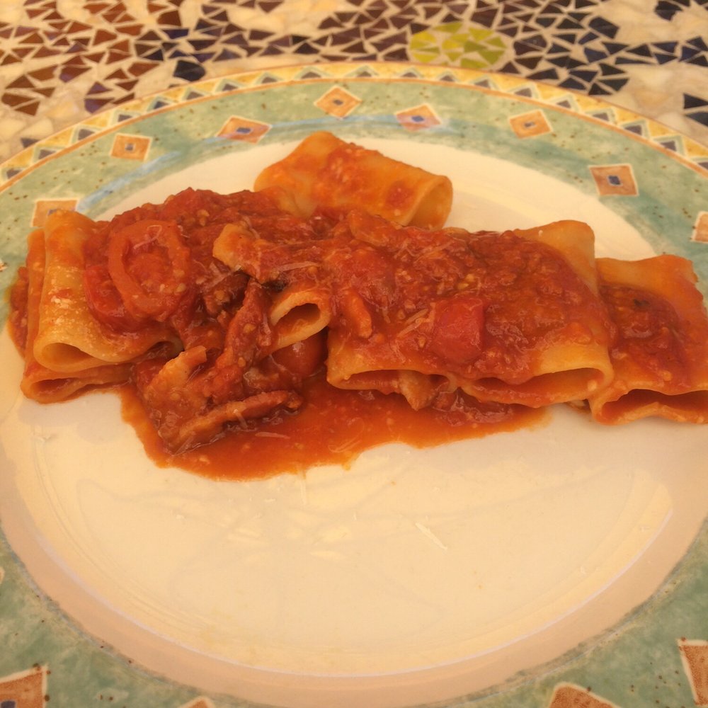 Locanda Ravello - Roman style spicy pasta. This dish is called Paccheri Alla Amatriciana. The waiter said it really fast! - Italian Near Me - Danville, California Locanda Ravello - Roman style spicy pasta. This dish is called Paccheri Alla Amatriciana. The waiter said it really fast! - Italian Near Me - Danville, California