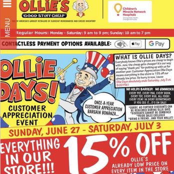 Ollie's Bargain Outlet - Annual customer appreciation event offers 15% off entire purchase! - Discount Store Near Me - New Bern, North Carolina Ollie's Bargain Outlet - Annual customer appreciation event offers 15% off entire purchase! - Discount Store Near Me - New Bern, North Carolina