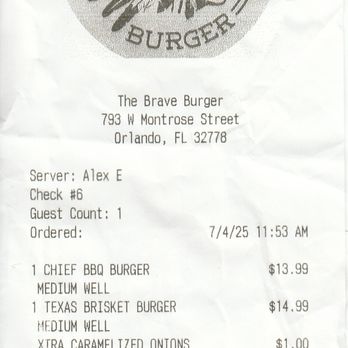 The Brave Burger - Receipt - Burgers Near Me - Clermont, Florida The Brave Burger - Receipt - Burgers Near Me - Clermont, Florida