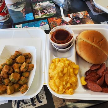 Bird Dog BBQ - Polish sausage plate with Mac and cheese and Fried Okra - Barbeque Near Me - Colorado Springs, Colorado Bird Dog BBQ - Polish sausage plate with Mac and cheese and Fried Okra - Barbeque Near Me - Colorado Springs, Colorado