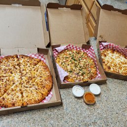 Cheese pizza, chicken curry, bread sticks, ranch, and marinara Cheese pizza, chicken curry, bread sticks, ranch, and marinara