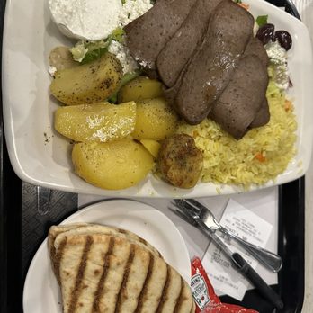 Fat Fork - Gyro dinner plate, with pita, potatoes, rice pilaf, Greek salad, and tzatziki. - Greek Near Me - Mississauga, Ontario