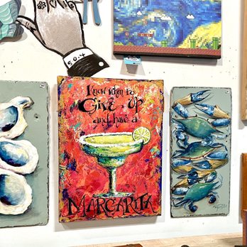 Disco Warehouse - Original art, Oysters and Crabs, on salvaged roof slate from a local home damaged by Hurricane Katrina.  Artist, Paige DeBell - Furniture Stores Near Me - New Orleans, Louisiana