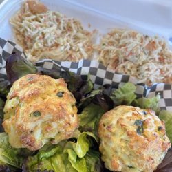 Mama J's Crab Cakes - Crab cake platter with seafood salad
