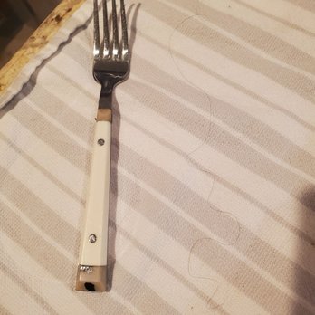 Urban Plates - Hair found in food with fork for scale - New American Near Me - Brea, California Urban Plates - Hair found in food with fork for scale - New American Near Me - Brea, California