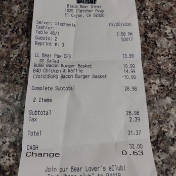 Black Bear Diner - Receipt showing the server that we got at our visit. - Diners Near Me - El Cajon, California