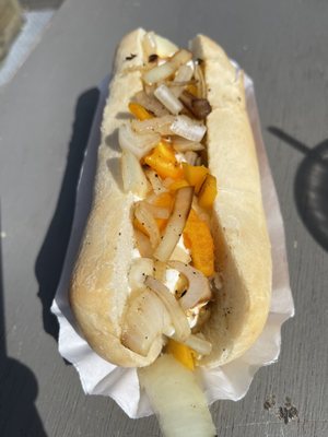 Photo of The Frankfurter - Seattle, WA, US. Their Seattle dog. Kielbasa, cream cheese and grilled onions...