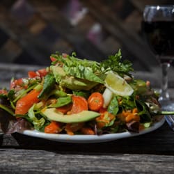 The Organic Market Cafe - A wonderful fresh salad with a glass of organic red. Yum