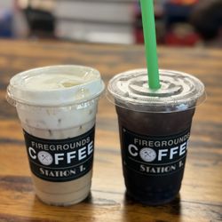 Fire Grounds Coffee Shop Station 1 - Iced white mocha Latte w/ pistachio cold foam AND Blueberry lemonade w/ blueberry boba. 10/10