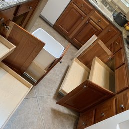 These pull out shelves work great and I love my garbage drawer that included the right size waste container. These pull out shelves work great and I love my garbage drawer that included the right size waste container.