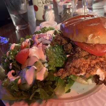 The Woodshed - Chicken Fried Chicken sandwich with side salad. - Burgers Near Me - Carthage, Missouri