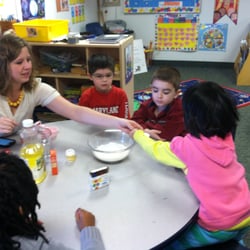 Hilltop Child Care Center Inc - Ms. Marissa working with pre-k students to measure and mix!