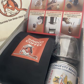 Saigon Coffee - Coffee kit: coffee beans, condensed milk, metal filter, instructions, in a gift box and reusable bag! Love it! - Vietnamese Near Me - San Diego, California Saigon Coffee - Coffee kit: coffee beans, condensed milk, metal filter, instructions, in a gift box and reusable bag! Love it! - Vietnamese Near Me - San Diego, California