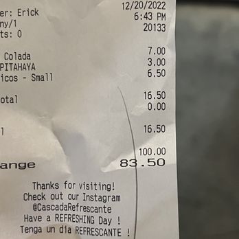 Cascada Refrescante - a receipt for a restaurant - Juice Bars & Smoothies Near Me - Los Angeles, California Cascada Refrescante - a receipt for a restaurant - Juice Bars & Smoothies Near Me - Los Angeles, California