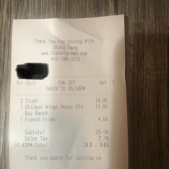 State Fare - Receipt of Purchase - Breakfast & Brunch Near Me - Catonsville, Maryland