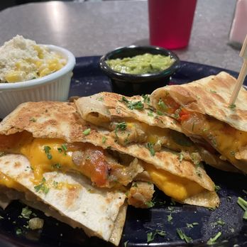 Veggie Galaxy - Chicken quesadilla w/ street corn and guac dip (blue plate) - Breakfast & Brunch Near Me - Cambridge, Massachusetts Veggie Galaxy - Chicken quesadilla w/ street corn and guac dip (blue plate) - Breakfast & Brunch Near Me - Cambridge, Massachusetts