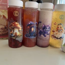 Strawberry hibiscus lemonade, strawberry lemonade, Malibu smoothie, and rose lemonade