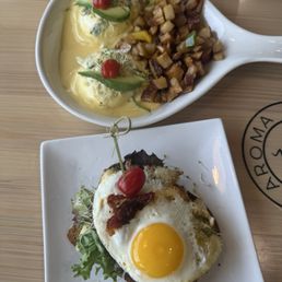 Eggs benedict- and avocado toast with add an egg