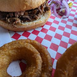 Sexton Feed Mill - Chopped brisket sandwich and onion rings $14.95 (plus 2.9% if using a credit card)