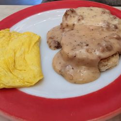 Donna's Restaurant - Sausage gravy and biscuit with a scrambled egg