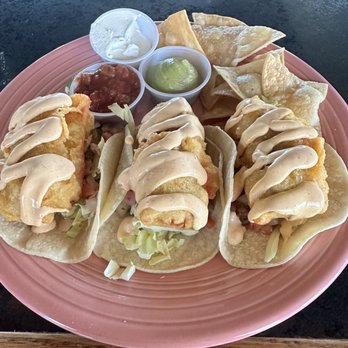 Secret Cove Restaurant - Battered Salmon Tacos with side of Guacamole. - Seafood Near Me - Anacortes, Washington Secret Cove Restaurant - Battered Salmon Tacos with side of Guacamole. - Seafood Near Me - Anacortes, Washington