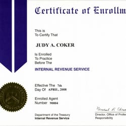 Judy Coker, EA - Enrolled Agent, admitted to practice before the IRS in all 50 states.