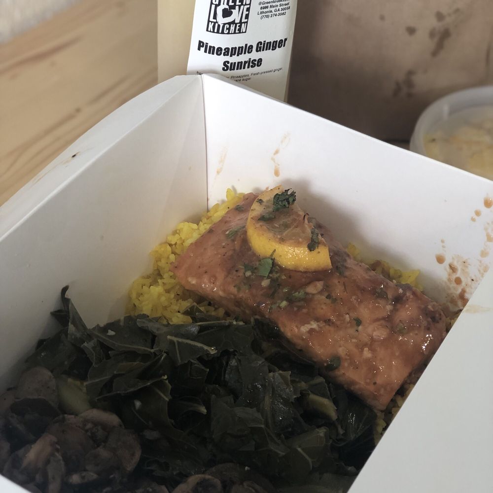Green Love Kitchen - Curry salmon, collard greens and jerk mushrooms - Vegan Near Me - Lithonia, Georgia Green Love Kitchen - Curry salmon, collard greens and jerk mushrooms - Vegan Near Me - Lithonia, Georgia