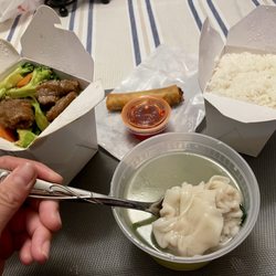 Dragon Valley - Beef broccoli, wonton soup, steamed rice, spring roll.