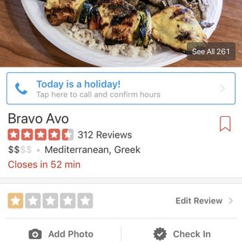 Bravo Avo - Wrote the review at the other place I got food (after I left bravo avo) notice "Closes in 52 minutes". Are they really open? - Mediterranean Near Me - Foothill Ranch, California