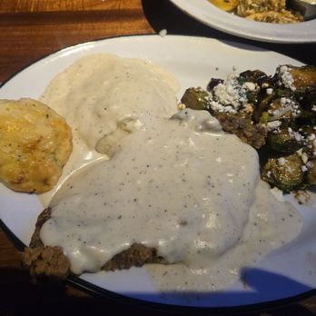 54th Street Scratch Grill & Bar - Country fried top sirloin steak, mashed potatoes with gravy and a biscuit. Let's act as if we don't see those horrific brussel sprouts! - American Near Me - St. Louis, Missouri