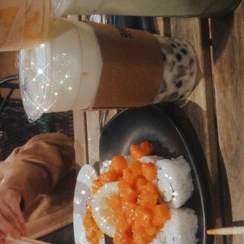 Cafe Orange - Spicy Salmon Roll(Yummyy) Matcha milk tea (rlly good) Caramel milk tea (she said not great) and third drink I don't remember. - Desserts Near Me - Garden Grove, California
