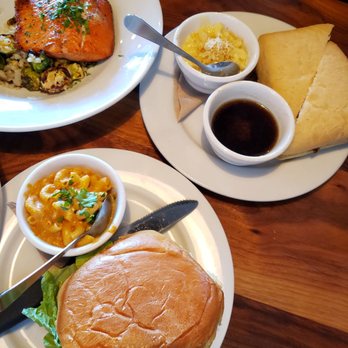 Saranac Public House - Bottom Saranac Burger w/Vegan Mac and Cheese Top left: Salmon w/Cauliflower Rice Pilaf Top right: Burger Dip w/regular Mac and Cheese - Pubs Near Me - Spokane, Washington Saranac Public House - Bottom Saranac Burger w/Vegan Mac and Cheese Top left: Salmon w/Cauliflower Rice Pilaf Top right: Burger Dip w/regular Mac and Cheese - Pubs Near Me - Spokane, Washington