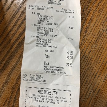 Panda Express - the receipt for the restaurant - Chinese Near Me - Ontario, Oregon