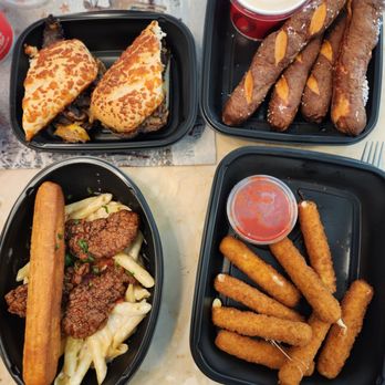 Applebee's Grill + Bar - Take home food!  The Prime Rib Dipper, Honey Pepper Chicken with Pasta, a side of mozzarella cheese sticks and pretzel and sauce. - American Near Me - Anaheim, California