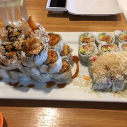 L- R : Yam Tempura Rolls, Spicy Salmon Roll, Spicy California Roll L- R : Yam Tempura Rolls, Spicy Salmon Roll, Spicy California Roll