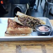 Photo of Mason Jar NYC - New York, NY, United States. Short Rib Grilled Cheese on Texas Toast with Grilled Mushrooms and Onions. The most savory, satisfying sandwich on the planet!!!