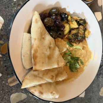 Gather 22 - Hummus plate - spicy - honey olives and cayenne veggies - Pizza Near Me - Indianapolis, Indiana