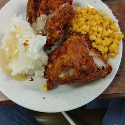 Pizza Ranch - My nice little traditional looking Sunday dinner. Two pieces of chicken corn mashed potatoes and gravy