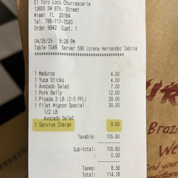 El Toro Loco Steakhouse - 9% service charge on a pick up / to go order. Ridiculous - Steakhouses Near Me - Miami, Florida El Toro Loco Steakhouse - 9% service charge on a pick up / to go order. Ridiculous - Steakhouses Near Me - Miami, Florida