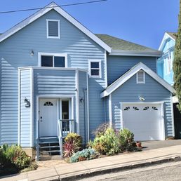 Front of home (blue color/white trim)