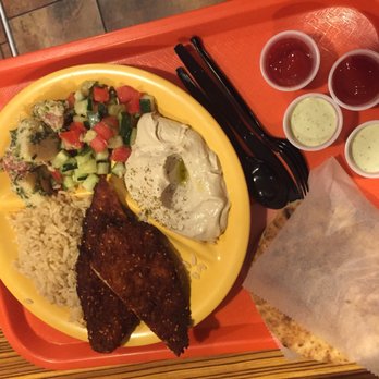 Hummus Grill - Schnitzel with hummus, rice, cucumbers & tomatoes, and potato salad - Mediterranean Near Me - Philadelphia, Pennsylvania