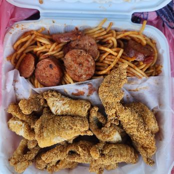 Coop's West Texas BBQ - Barbecue Spaghetti & Catfish Nuggets platter is a must try meal... - Barbeque Near Me - Lemon Grove, California