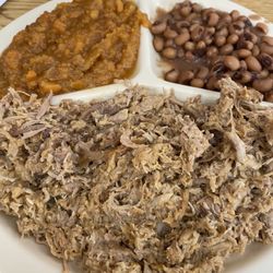 Williamsons Barbecue Restaurant - BBQ and Rib plate with yams, peas and hush puppies.