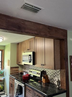 vintage house restoration - Owner wanted to add a functional modern touch while keeping this home’s vintage charm. Door trims baseboards, window trims and beams are all custom cut and stained. The kitchen was entirely gutted and remodeled, but still attempted to keep vintage look while having personal function. Current project (March 2025 – current.)