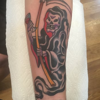 Smith Street Tattoo Parlour - Dan Santoro...Grim Reaper/Wine glass and bottle - Tattoo Near Me - Brooklyn, New York