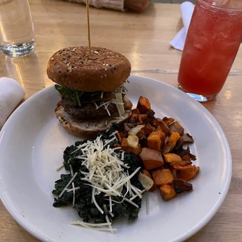 True Food Kitchen - Burger w Side of Kale Salad and sweet potatoes - Vegetarian Near Me - Pasadena, California True Food Kitchen - Burger w Side of Kale Salad and sweet potatoes - Vegetarian Near Me - Pasadena, California
