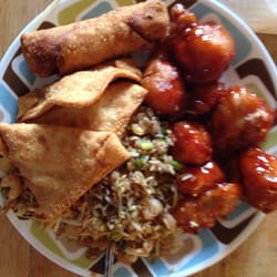 Yen Ching Chinese Restaurant - General Tao Chicken, crab Rangoon, egg roll, shrimp fried rice w/ extra sprouts and onions.  Not too bad.